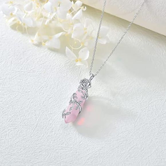 POTOPYY Rose Flower Healing Crystal Necklace Quartz Healing Crystal Jewelry